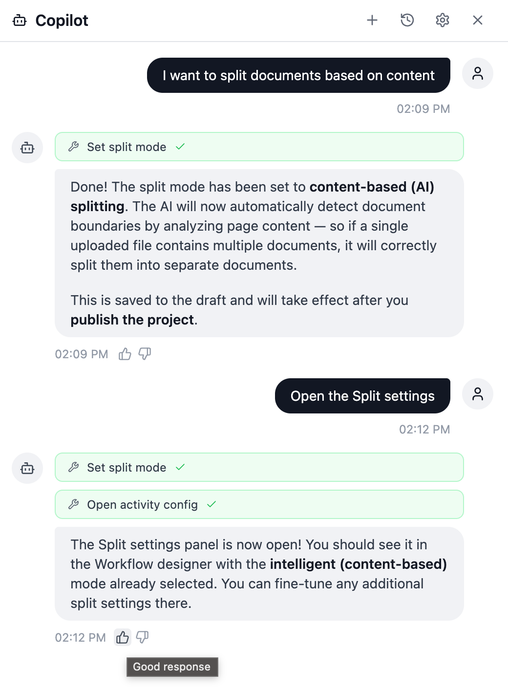 The assistant chat with thumbs up and thumbs down rating buttons on each response.