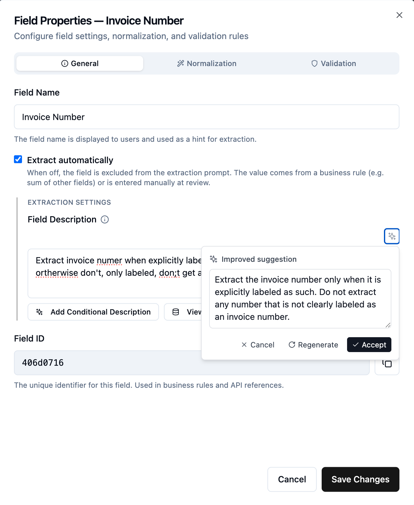 The Field Properties dialog showing an improved suggestion for a field description, ready to accept, regenerate, or cancel.