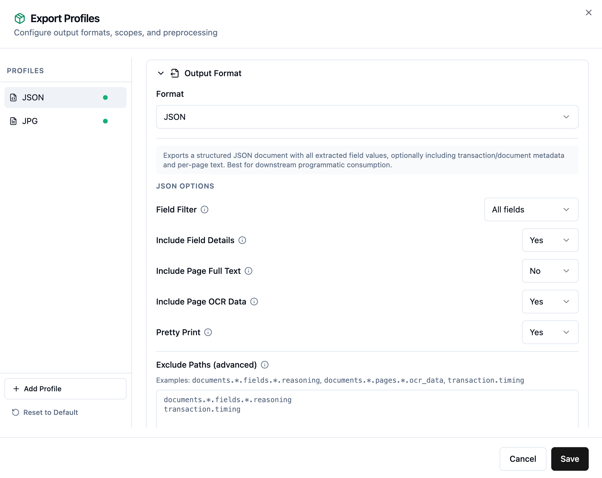 The JSON export options showing Include Page OCR Data enabled.