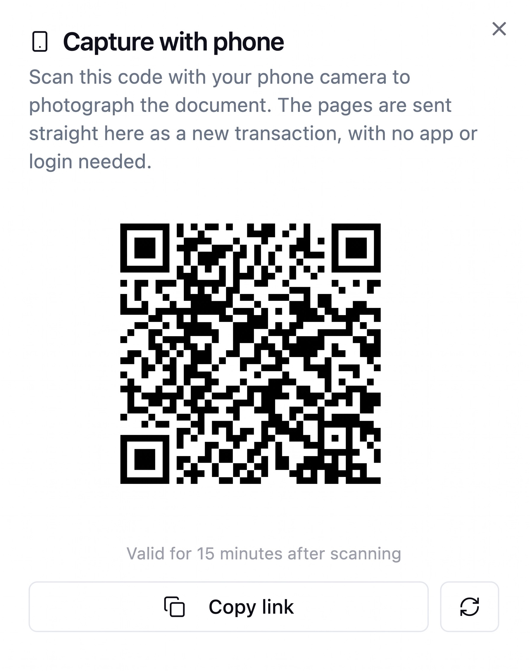 The Capture with phone dialog showing a QR code valid for 15 minutes after scanning.